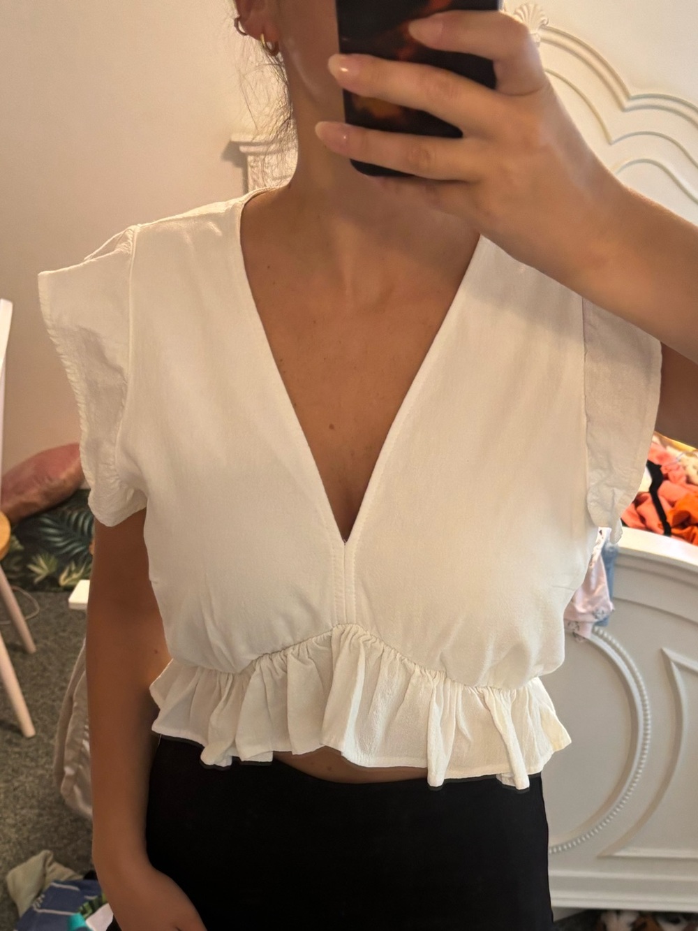 Women's Cream Ruffle V-Neck Crop Top
